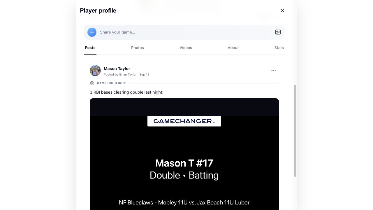 App preview: a highlight post and the player profile’s Posts, Photos and Videos tabs