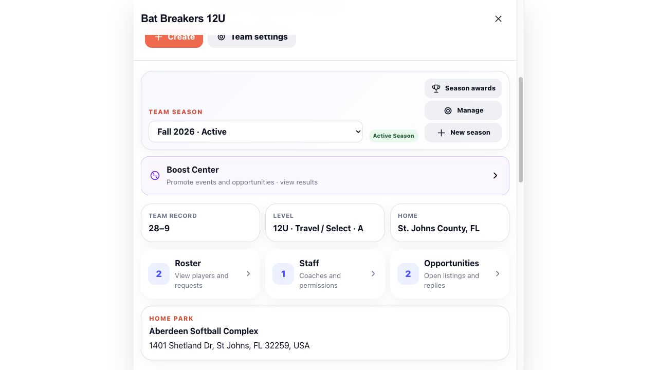 Actual app preview of the Bat Breakers team page with roster, staff and opportunities